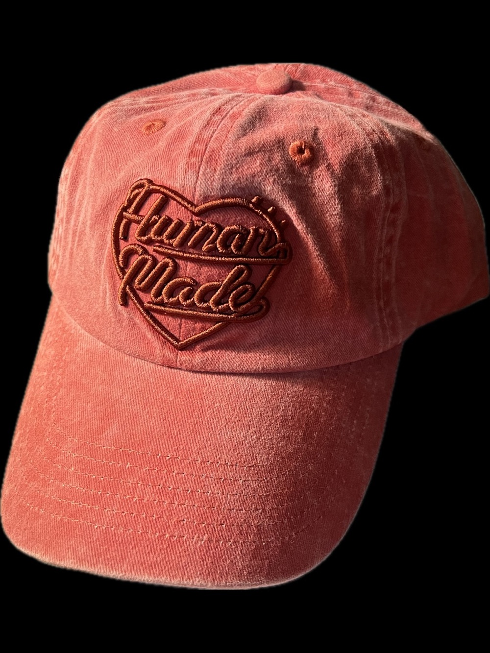 Human Made Washed Distressed Coral Red Heart Logo Cap